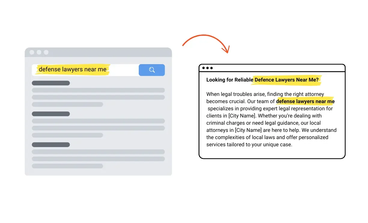 A Google search results page showing a query for "defence lawyers near me," with a website featuring optimized keywords displayed in the results.